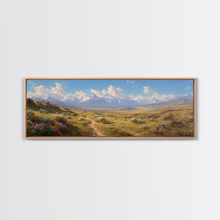 Wildflower Meadow Mountain Landscape Wall Art, Panoramic Canvas Print, Rustic Nature Decor, Large Living Room Wall Decor