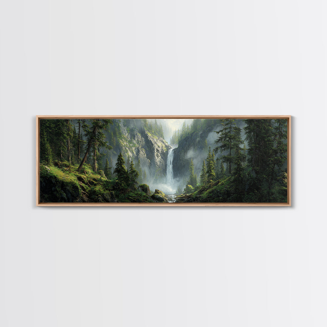 Misty Waterfall Forest Framed Canvas Print, Mountain Landscape Wall Art, Nature Wall Decor, Cabin Decor, Large Horizontal Art