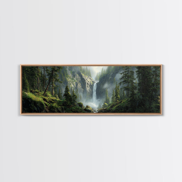 Misty Waterfall Forest Framed Canvas Print, Mountain Landscape Wall Art, Nature Wall Decor, Cabin Decor, Large Horizontal Art