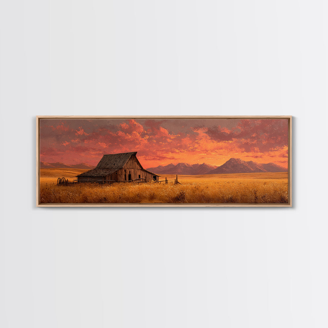 Rustic Barn At Sunset Framed Canvas Print, Western Landscape Living Room Wall Art, Farmhouse Decor, Country Home Housewarming Gift
