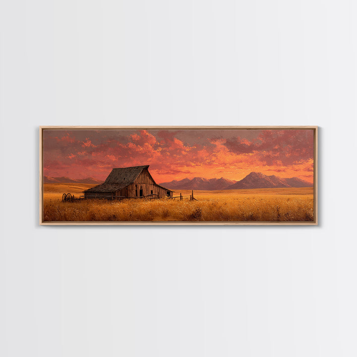 Rustic Barn At Sunset Framed Canvas Print, Western Landscape Living Room Wall Art, Farmhouse Decor, Country Home Housewarming Gift