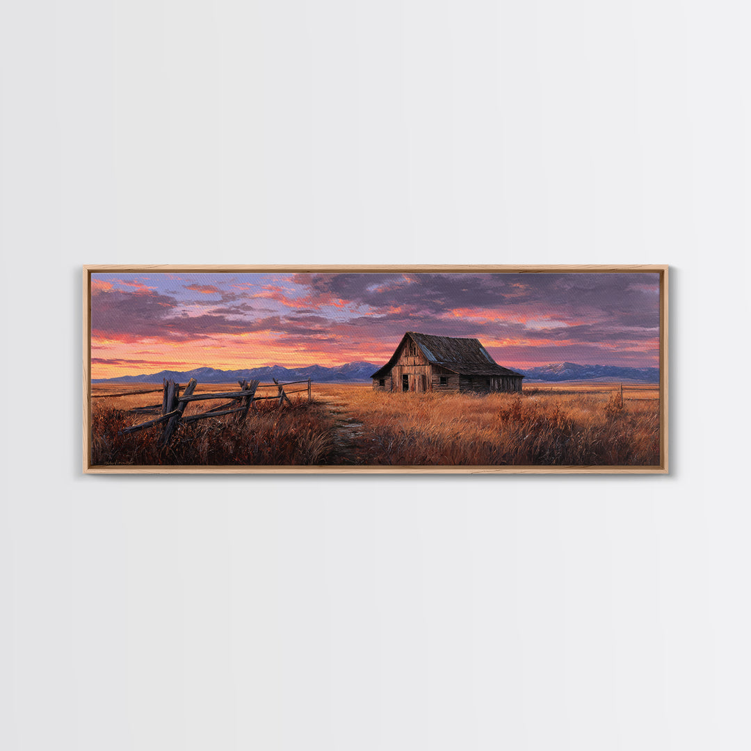 Rustic Barn Sunset Framed Canvas Print, Western Landscape Wall Art, Farmhouse Decor, Mountain Ranch Housewarming Gift For Him