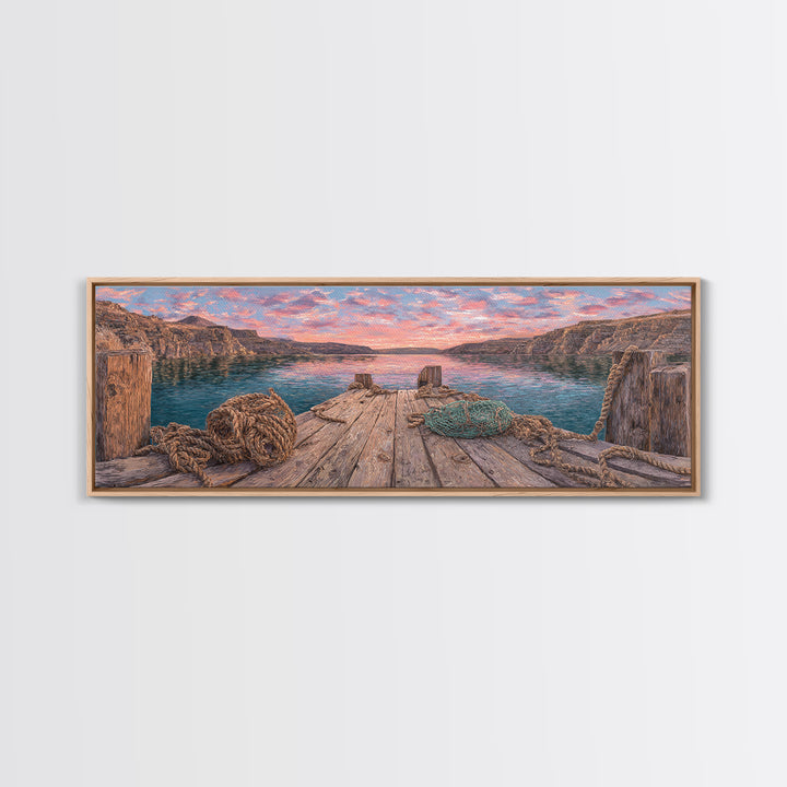 Rustic Lake Dock At Sunset Framed Canvas Print, Coastal Landscape Wall Art For Cabin Decor, Lake House, Living Room Decor