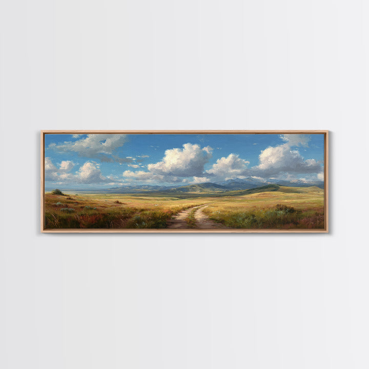 Open Prairie Path And Clouds Framed Canvas Print, Country Landscape Wall Art, Rustic Farmhouse Decor, Nature Oil Painting Print