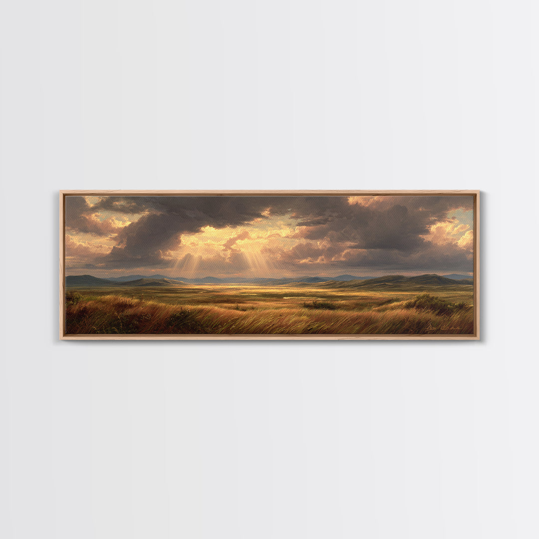 Golden Sun Rays Over Prairie Wall Art, Dramatic Sky Landscape Canvas Print, Nature Wall Decor, Rustic Living Room Art Gift