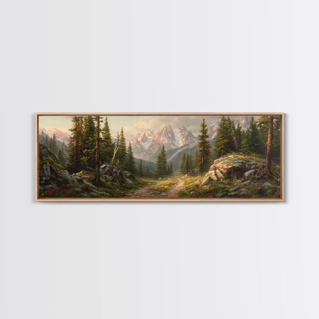 Alpine Forest Trail Mountain Landscape Wall Art, Panoramic Canvas Print For Cabin Living Room Decor And Nature Lovers Gift