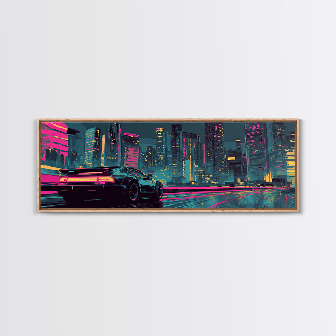 Cyberpunk Sports Car Canvas Print, Neon City Wall Art, Futuristic Gaming Room Decor, Large Synthwave Modern Wall Art Print