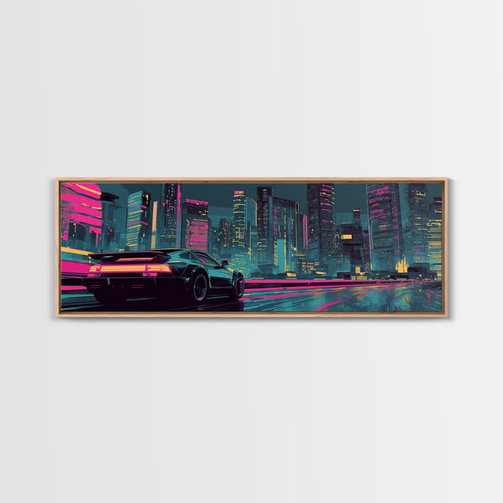Cyberpunk Sports Car Canvas Print, Neon City Wall Art, Futuristic Gaming Room Decor, Large Synthwave Modern Wall Art Print