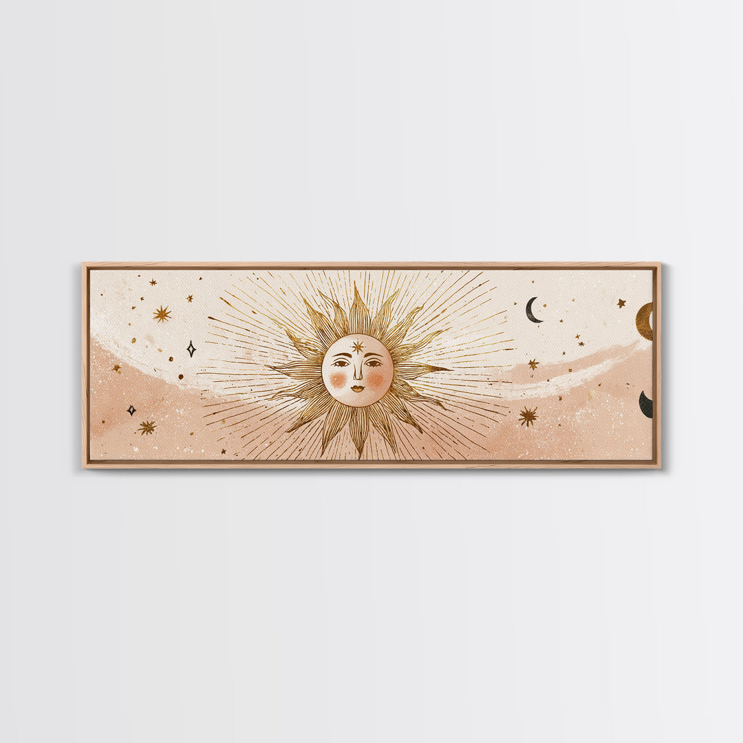 Boho Sun And Moon Wall Art, Celestial Canvas Print, Mystical Astrology Decor, Neutral Nursery And Bedroom Wall Decor, Above Bed Art
