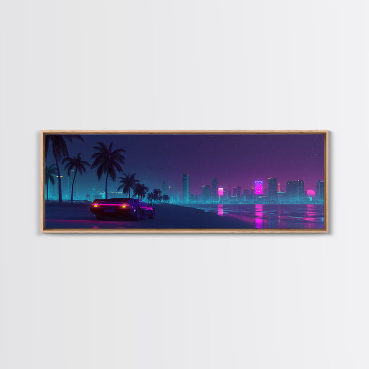 Neon Cyberpunk City Beach Wall Art, Retro Futuristic Canvas Print, Vaporwave Decor For Gaming Room And Modern Office Decor
