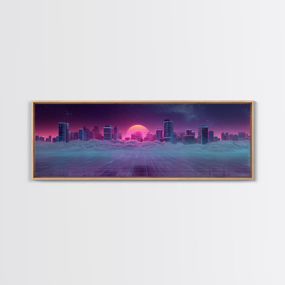 Vaporwave Skyline Over Clouds Canvas Print, Retro Futuristic City Wall Art, Neon Synthwave Decor, Gaming Room Poster, Gift