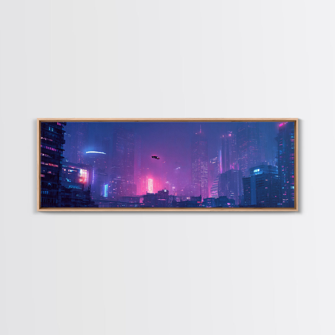 Cyberpunk Neon City Skyline Wall Art, Futuristic Framed Canvas Print, Sci Fi Urban Decor, Gaming Room Wall Decor, Large Print