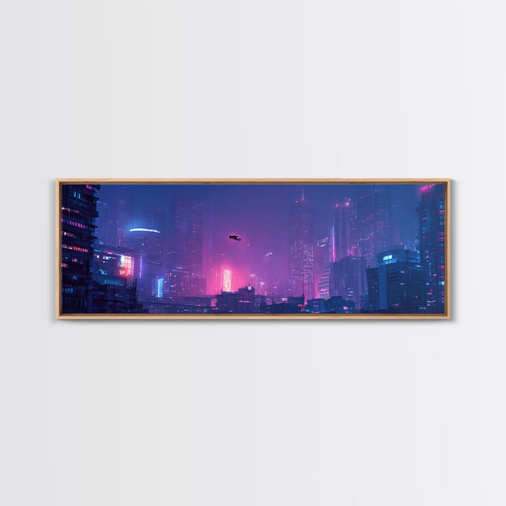 Cyberpunk Neon City Skyline Wall Art, Futuristic Framed Canvas Print, Sci Fi Urban Decor, Gaming Room Wall Decor, Large Print