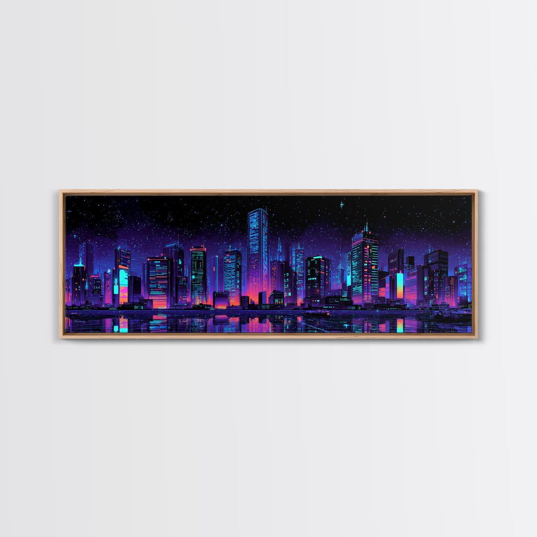 Neon Cyberpunk City Skyline Wall Art, Futuristic Urban Canvas Print, Vaporwave Gaming Room Decor, Sci Fi Office Poster Art