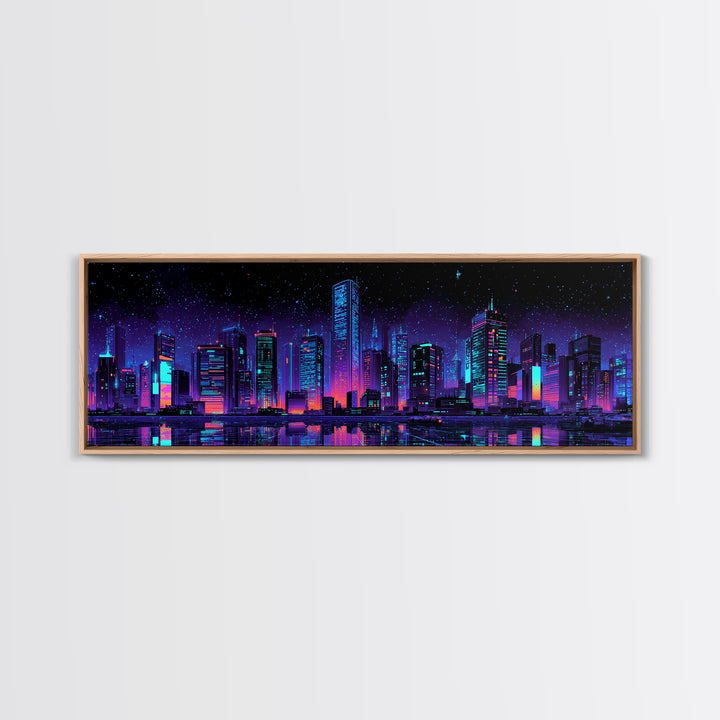 Neon Cyberpunk City Skyline Wall Art, Futuristic Urban Canvas Print, Vaporwave Gaming Room Decor, Sci Fi Office Poster Art