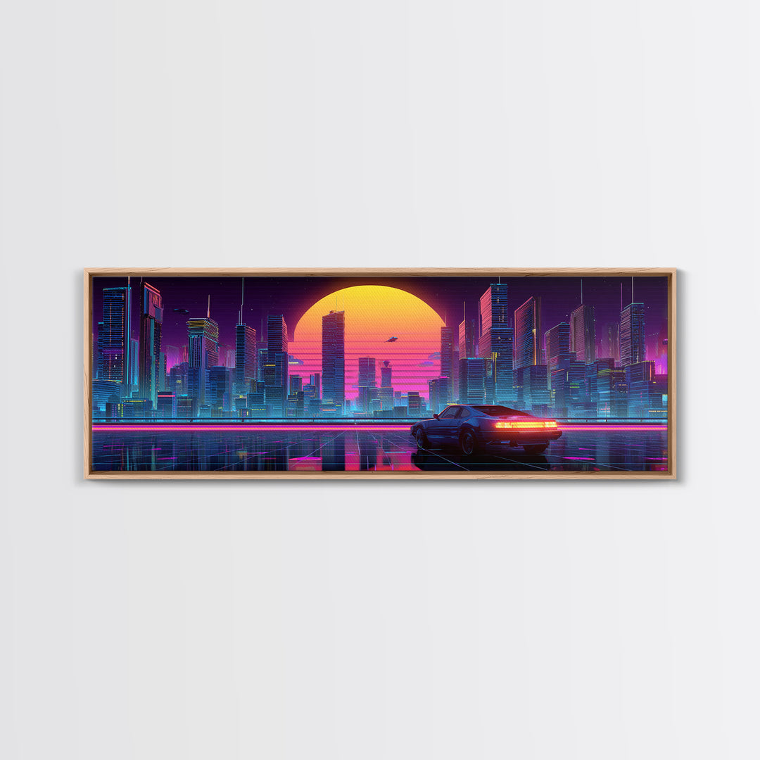 Neon Cyberpunk City Car Canvas Print, Futuristic Wall Art, Sci Fi Poster, Gaming Room Decor, Vaporwave Modern Home Decor