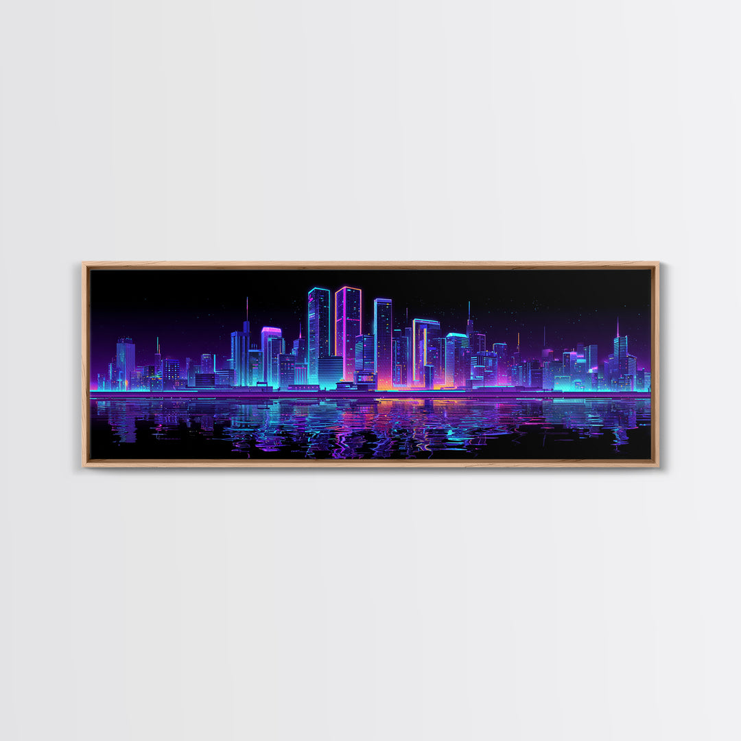 Neon Cyberpunk City Skyline Wall Art, Futuristic Synthwave Canvas Print, Urban Night Office Decor, Gamer Room Home Decor Poster