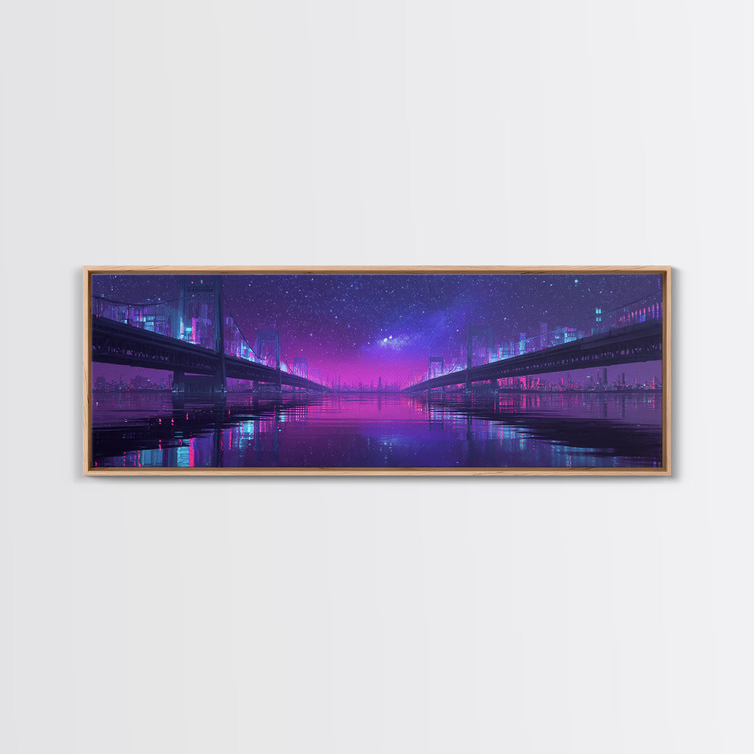 Neon Twin Bridges Over City Water, Cyberpunk Wall Art, Futuristic Canvas Print, Sci Fi Urban Decor, Gaming Room Art, Office Decor