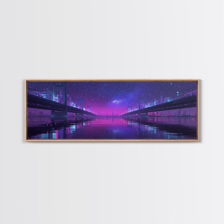 Neon Twin Bridges Over City Water, Cyberpunk Wall Art, Futuristic Canvas Print, Sci Fi Urban Decor, Gaming Room Art, Office Decor