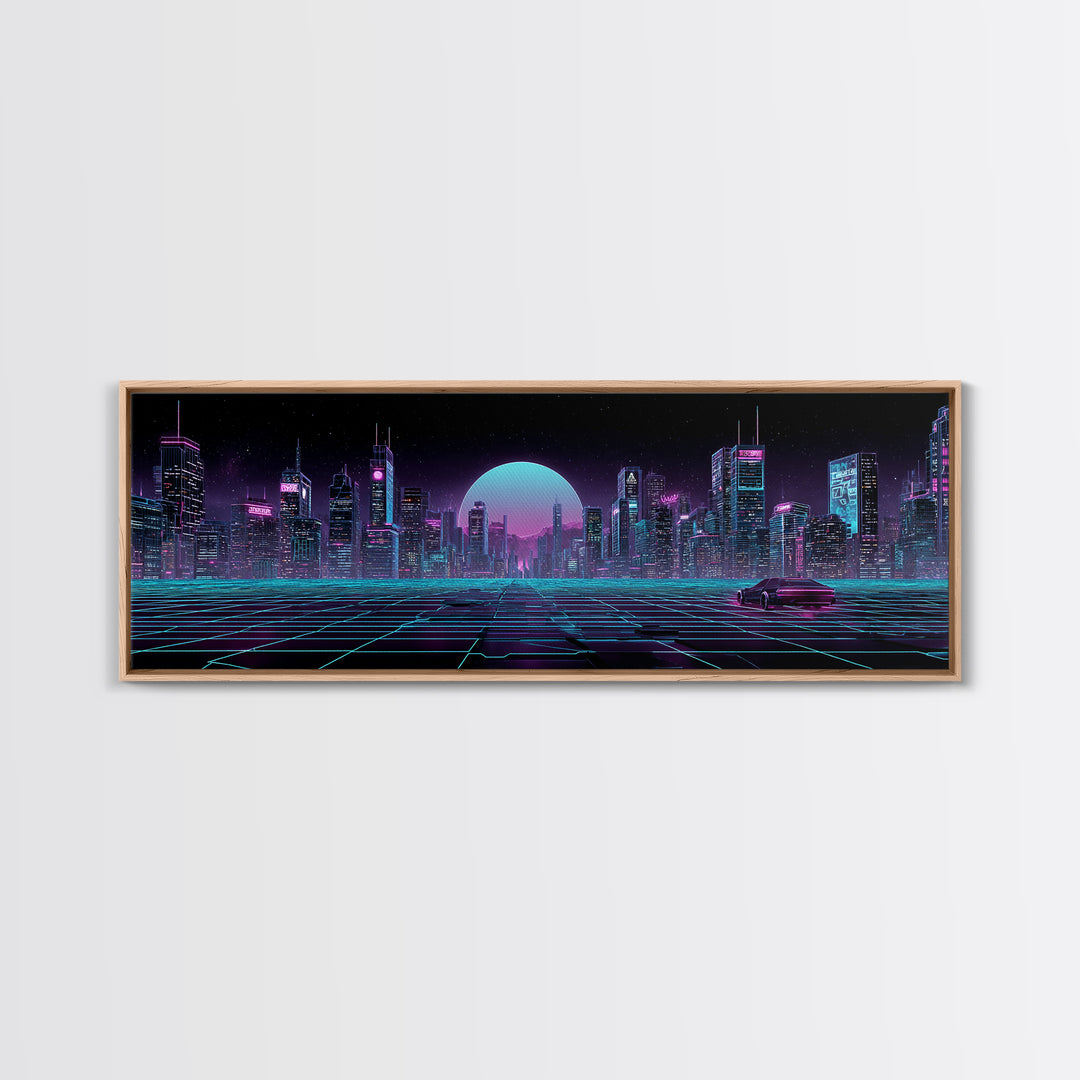 Futuristic Neon Skyline And Grid Highway, Cyberpunk Wall Art, Synthwave Canvas Print, Gaming Room Decor, Office Wall Decor