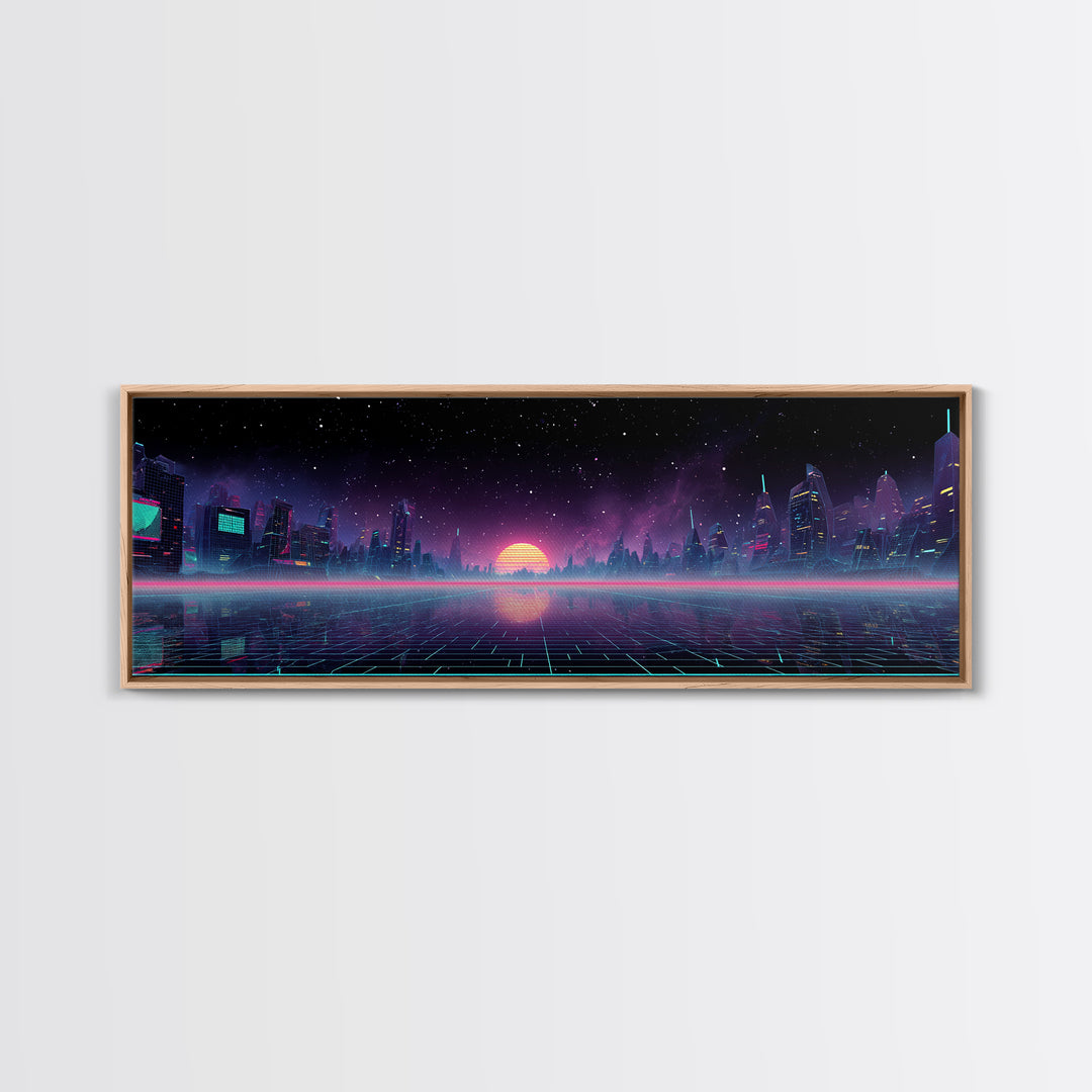 Futuristic Neon City Skyline Wall Art, Cyberpunk Grid Landscape, Sci Fi Poster, Vaporwave Decor, Gaming Room Canvas Print