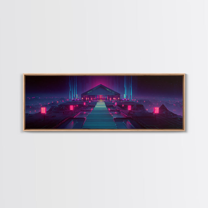 Neon Cyberpunk Temple Stairway Canvas Print, Futuristic Wall Art, Sci Fi Gaming Room Decor, Modern Statement Artwork For Office