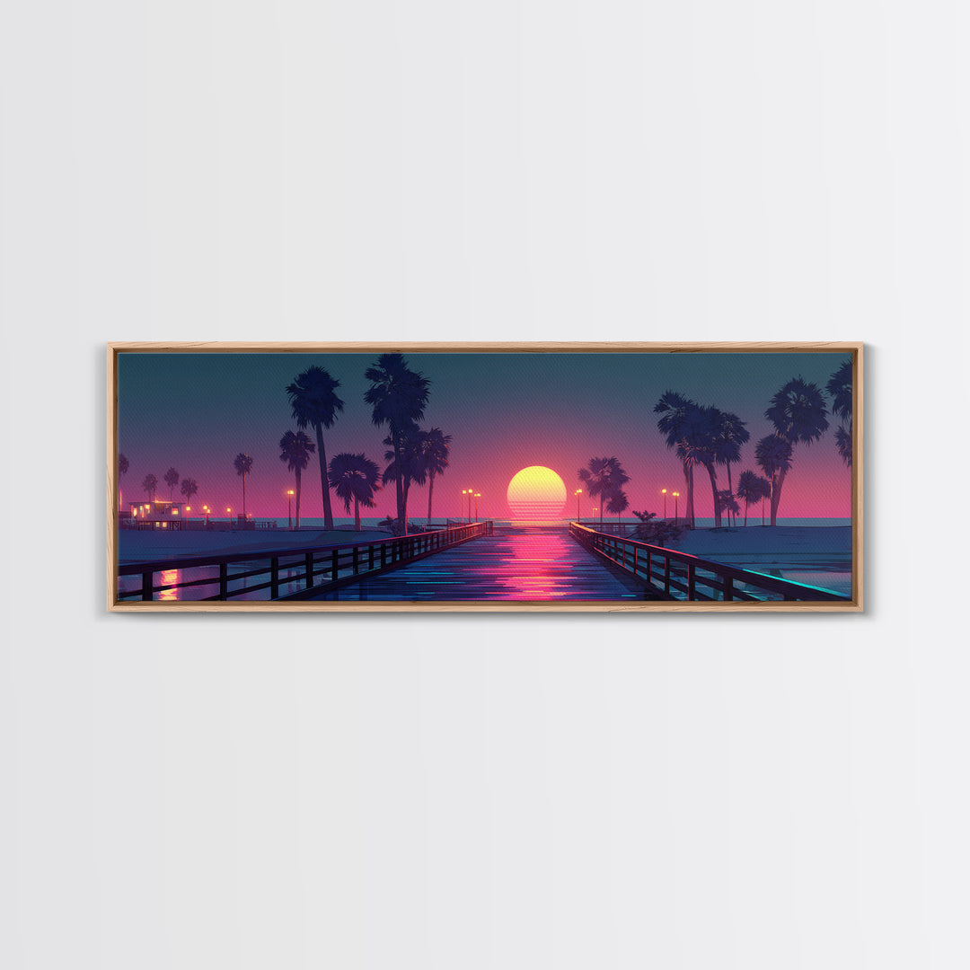 Sunset Pier With Palm Trees Canvas Print, Tropical Beach Wall Art, Coastal Vaporwave Decor For Bedroom And Living Room Wall Decor