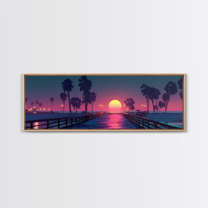 Sunset Pier With Palm Trees Canvas Print, Tropical Beach Wall Art, Coastal Vaporwave Decor For Bedroom And Living Room Wall Decor