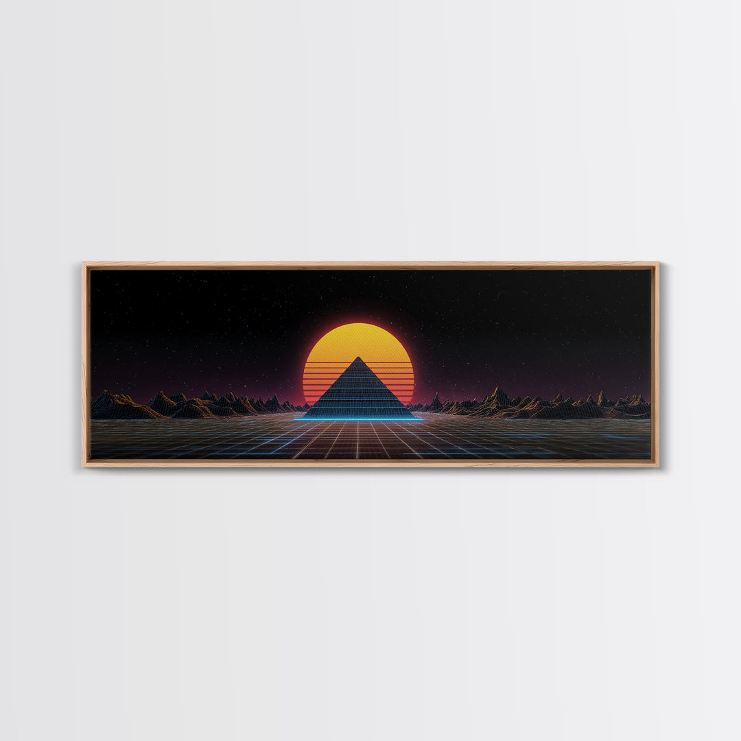 Retro Pyramid Sunset Canvas Print, Synthwave Desert Wall Art, Futuristic Vaporwave Decor, Gaming Room Statement Artwork Poster