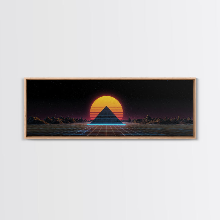 Retro Pyramid Sunset Canvas Print, Synthwave Desert Wall Art, Futuristic Vaporwave Decor, Gaming Room Statement Artwork Poster