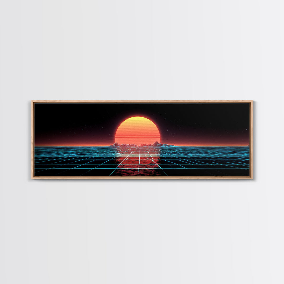 Retro Futuristic Ocean Grid Sunset Wall Art, Synthwave Neon Landscape, Vaporwave Decor, Large Horizontal Art Print, Home Decor