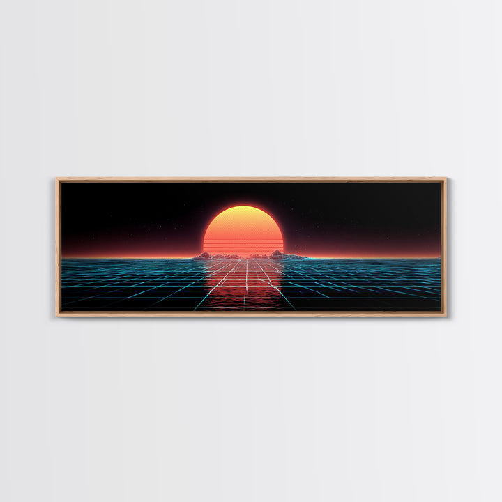 Retro Futuristic Ocean Grid Sunset Wall Art, Synthwave Neon Landscape, Vaporwave Decor, Large Horizontal Art Print, Home Decor