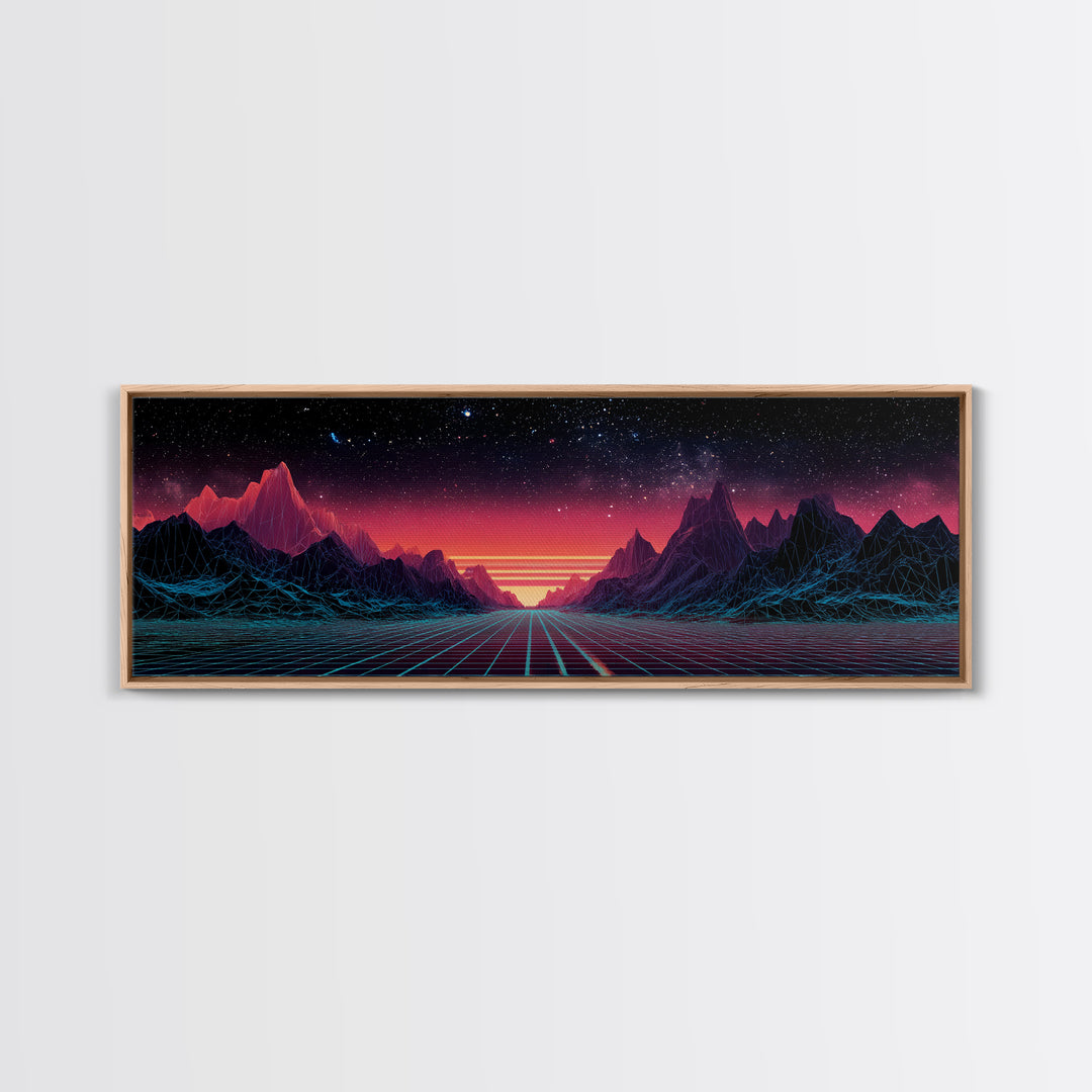 Synthwave Mountain Road Under Starry Sky, Retro Futuristic Wall Art, Landscape Canvas Print, Man Cave Decor, Large Wall Art