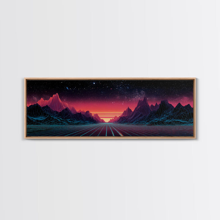 Synthwave Mountain Road Under Starry Sky, Retro Futuristic Wall Art, Landscape Canvas Print, Man Cave Decor, Large Wall Art