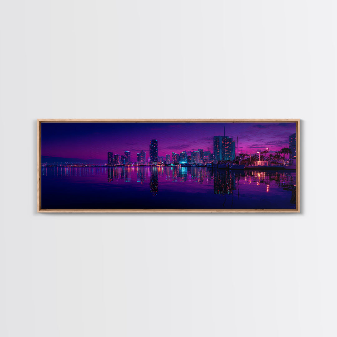 Neon Waterfront City Skyline Wall Art, Miami Night Canvas Print, Urban Photography Decor, Modern Office Living Room Poster