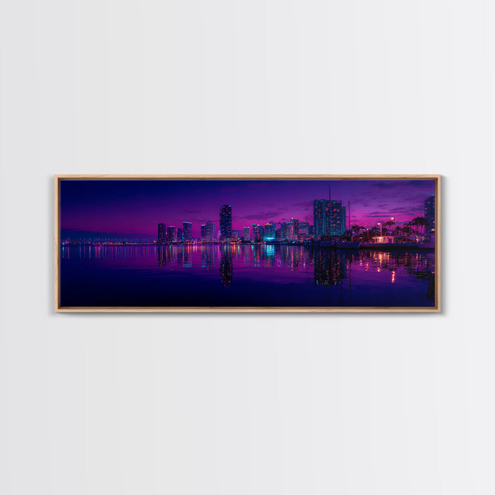 Neon Waterfront City Skyline Wall Art, Miami Night Canvas Print, Urban Photography Decor, Modern Office Living Room Poster