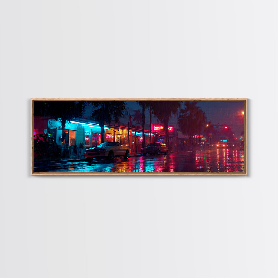Rainy Neon City Street Wall Art, Cyberpunk Urban Night Canvas Print, Retro Motel Lights, Modern Office Decor, Moody Wall Decor