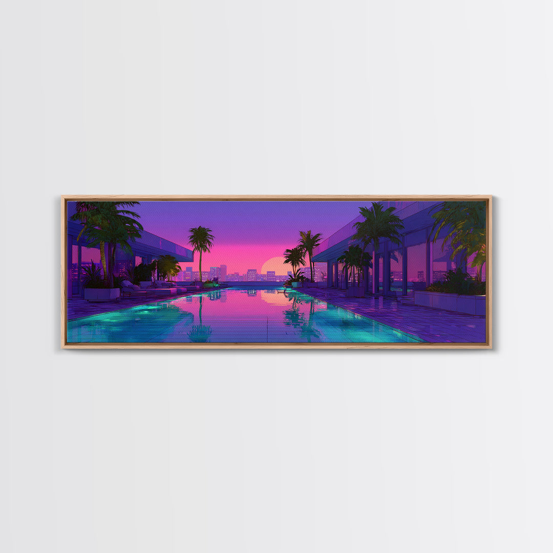 Neon Poolside City Sunset Framed Canvas Print, Miami Palm Skyline Wall Decor, Cyberpunk Art, Modern Living Room Decor, Large Wall Art