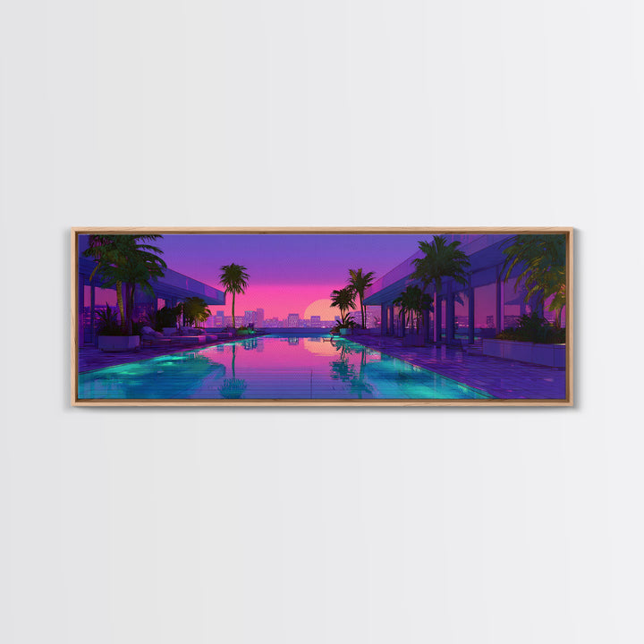 Neon Poolside City Sunset Framed Canvas Print, Miami Palm Skyline Wall Decor, Cyberpunk Art, Modern Living Room Decor, Large Wall Art