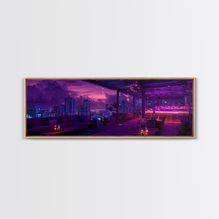 Neon Rooftop Lounge Skyline At Dusk Wall Art, Cyberpunk Cityscape, Futuristic Bar Decor, Panoramic Living Room Print Home Decor