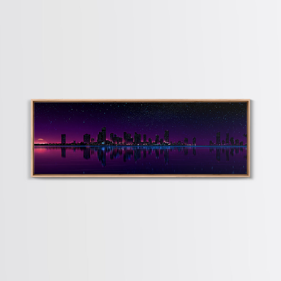 Purple Starry City Skyline Reflection, Modern Wall Art, Cyberpunk Canvas Print, Urban Night Decor, Office Wall Decor, Living Room Art