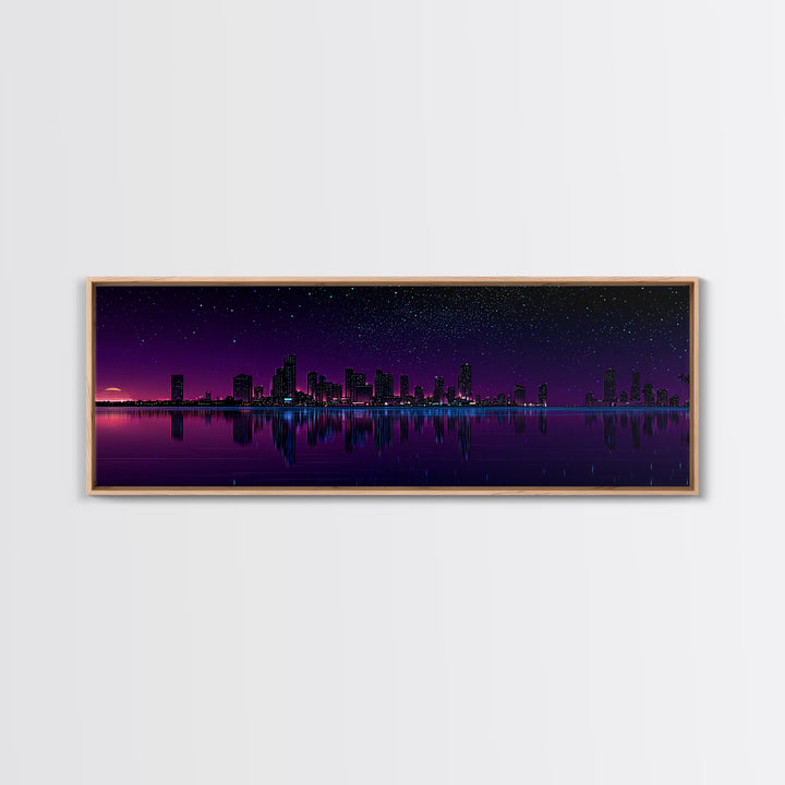 Purple Starry City Skyline Reflection, Modern Wall Art, Cyberpunk Canvas Print, Urban Night Decor, Office Wall Decor, Living Room Art