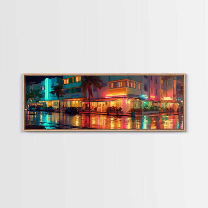 Neon Rainy Art Deco Hotel Street Wall Art, Miami Urban Night Cityscape, Retro Travel Poster, Framed Canvas Print, Office Decor