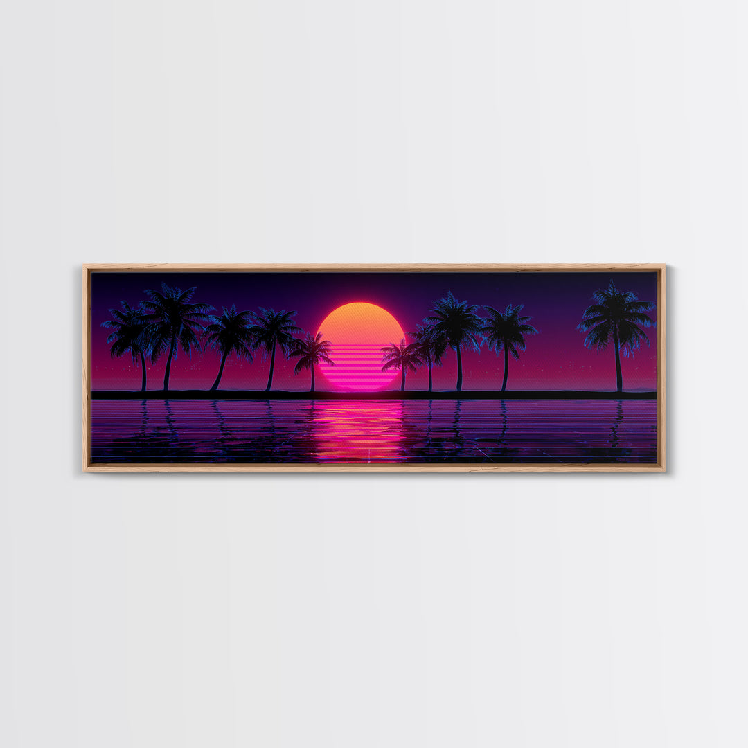 Neon Palm Tree Sunset Canvas Print, Tropical Beach Wall Art, Retro Coastal Decor, Pink Purple Living Room Art, Home Decor