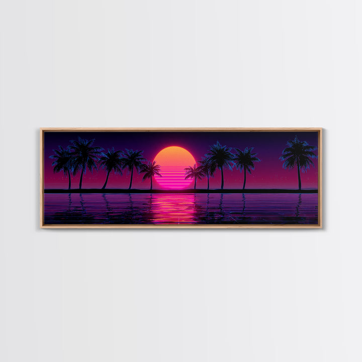 Neon Palm Tree Sunset Canvas Print, Tropical Beach Wall Art, Retro Coastal Decor, Pink Purple Living Room Art, Home Decor