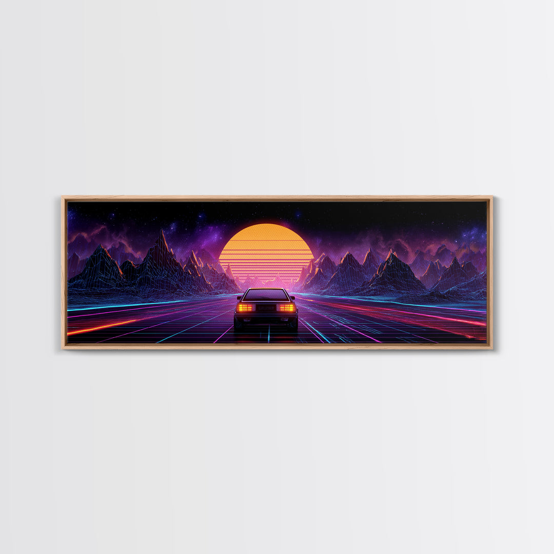 Neon Synthwave Car Wall Art, Retro Futuristic Mountains, Cyberpunk Sunset Decor, Gaming Room Poster, Panoramic Canvas Print