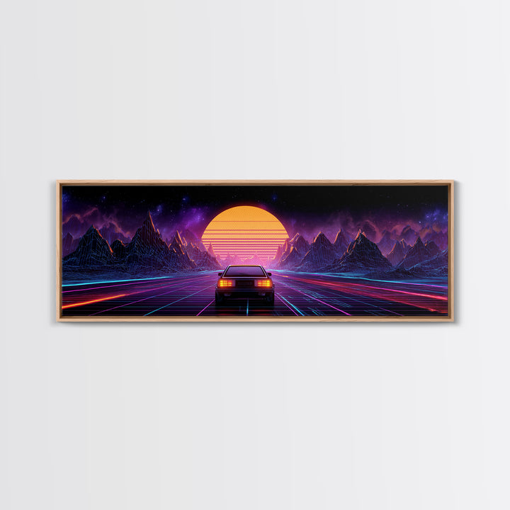 Neon Synthwave Car Wall Art, Retro Futuristic Mountains, Cyberpunk Sunset Decor, Gaming Room Poster, Panoramic Canvas Print