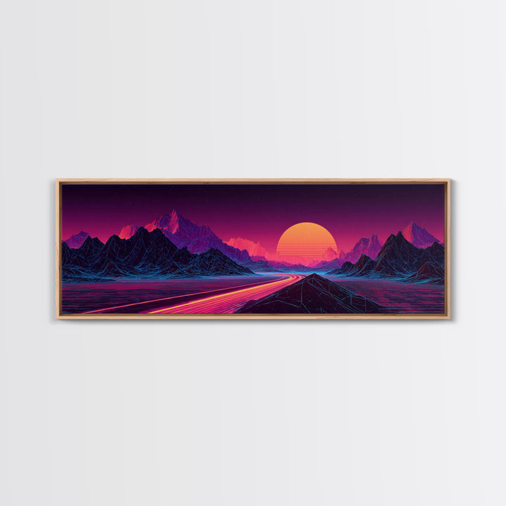 Neon Highway Through Purple Mountains Framed Canvas Print, Synthwave Wall Art, Retro Futuristic Decor, Gaming Room Poster