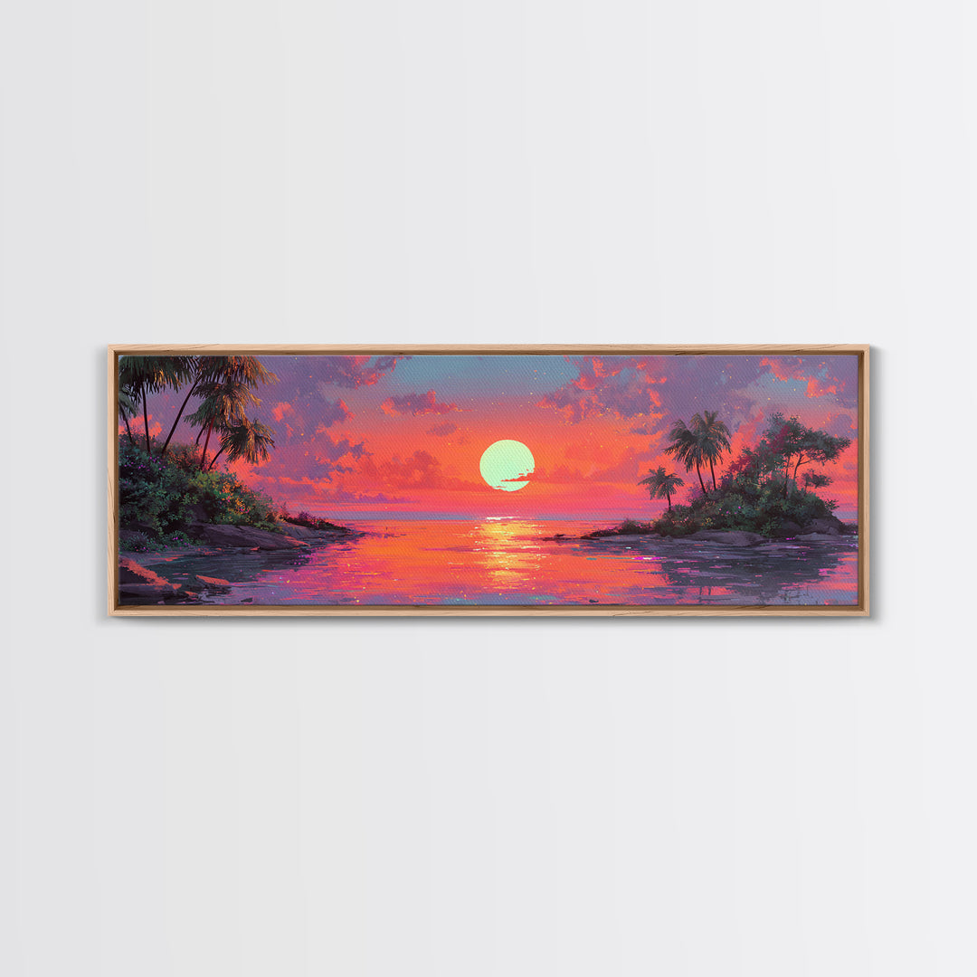 Tropical Island Sunset Cove Wall Art, Extra Wide Canvas Print, Coastal Beach House Decor, Vibrant Ocean Living Room Wall Decor
