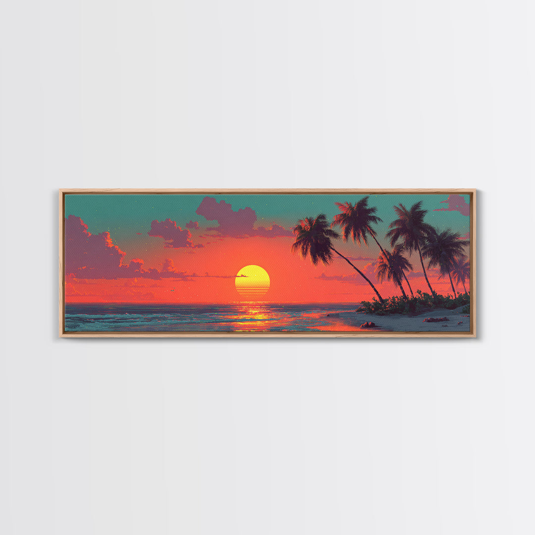 Tropical Palm Beach Sunset Wall Art, Retro Coastal Canvas Print, Ocean Seascape Decor, Summer Beach House Art Print Gift